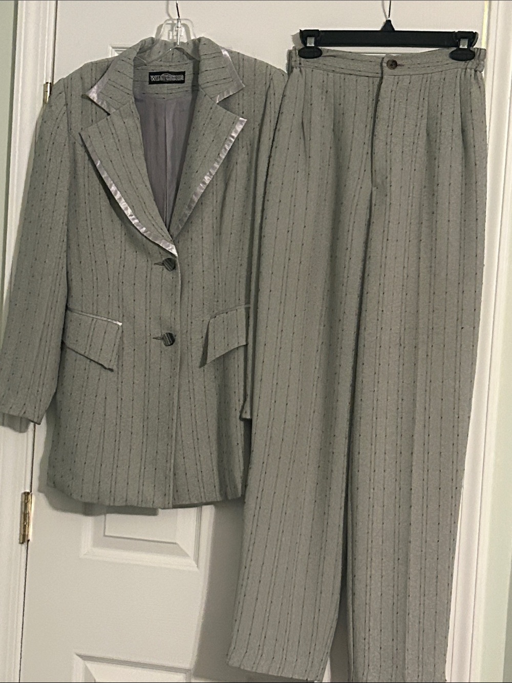 Women's Light Gray Pinstripe Blazer & Wide-Leg Trouser Suit